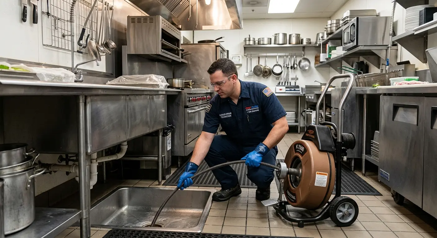 Commercial drain cleaning service in a restaurant kitchen in Grants