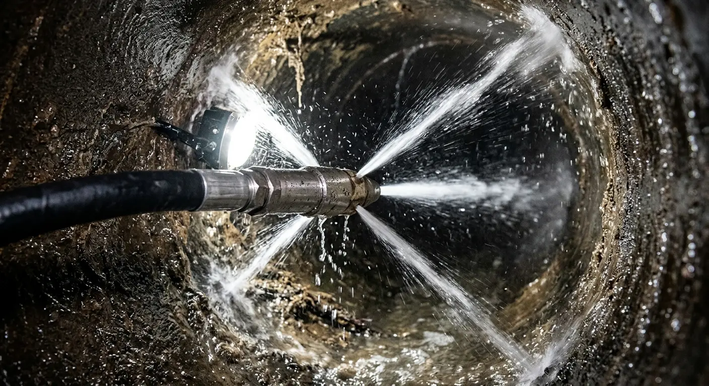 High-pressure hydro jetting nozzle cleaning sewer pipe for Trenchless Sewer Repair in Grants
