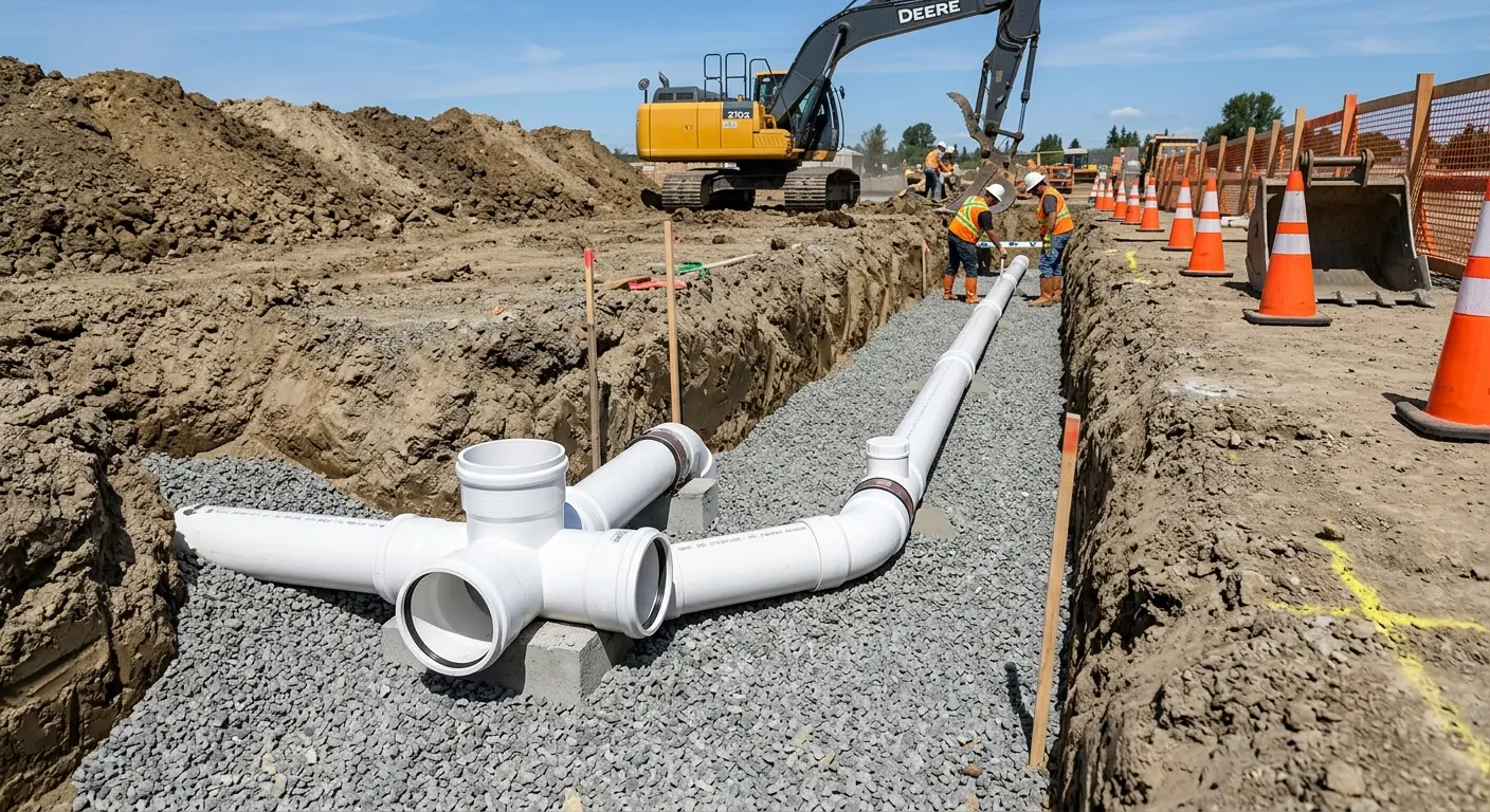 New PVC sewer pipe installation in open trench for Sewer Backup in Grants