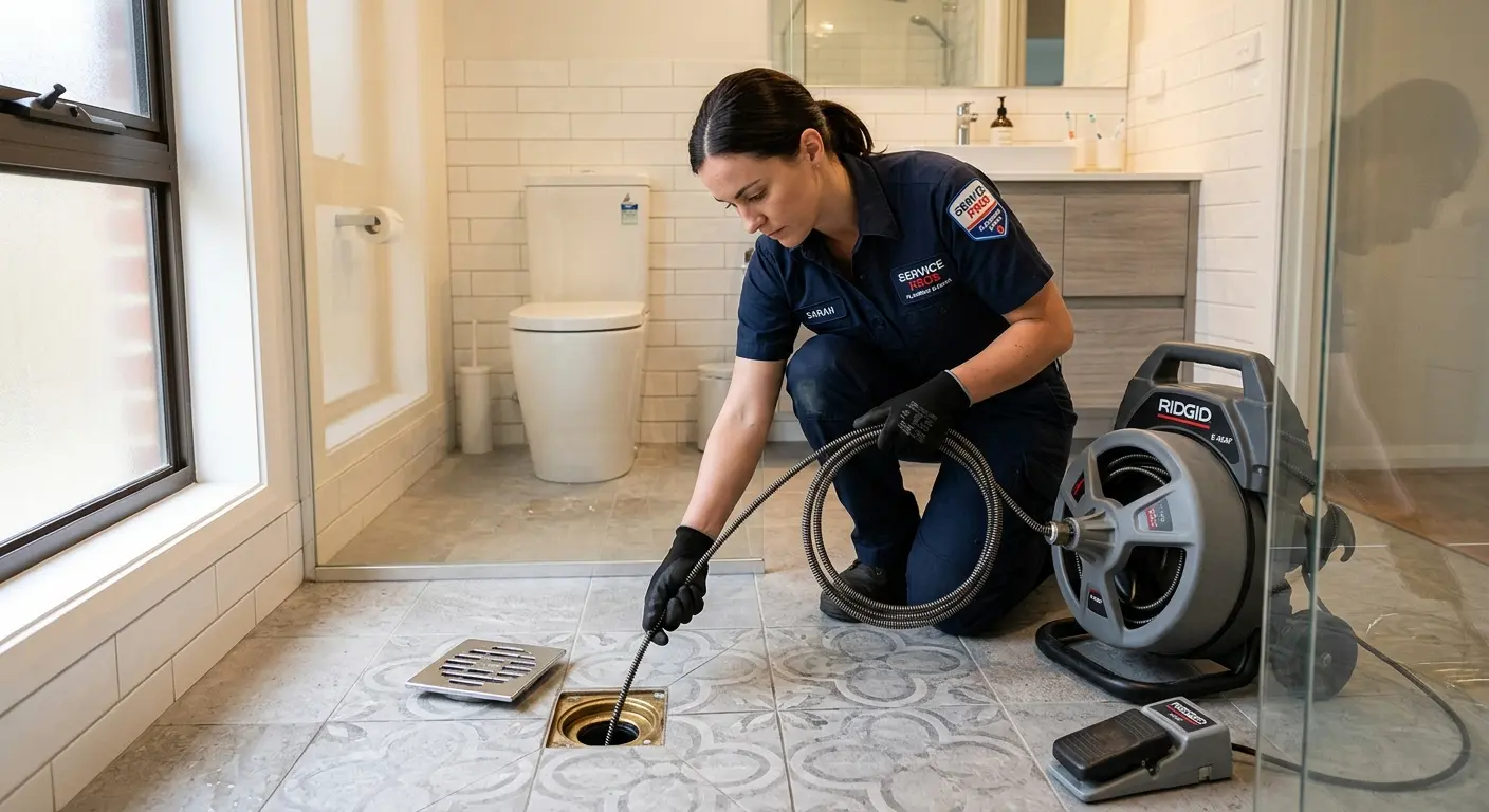 Technician clearing a bathroom floor drain for Hydro Jetting in Grants